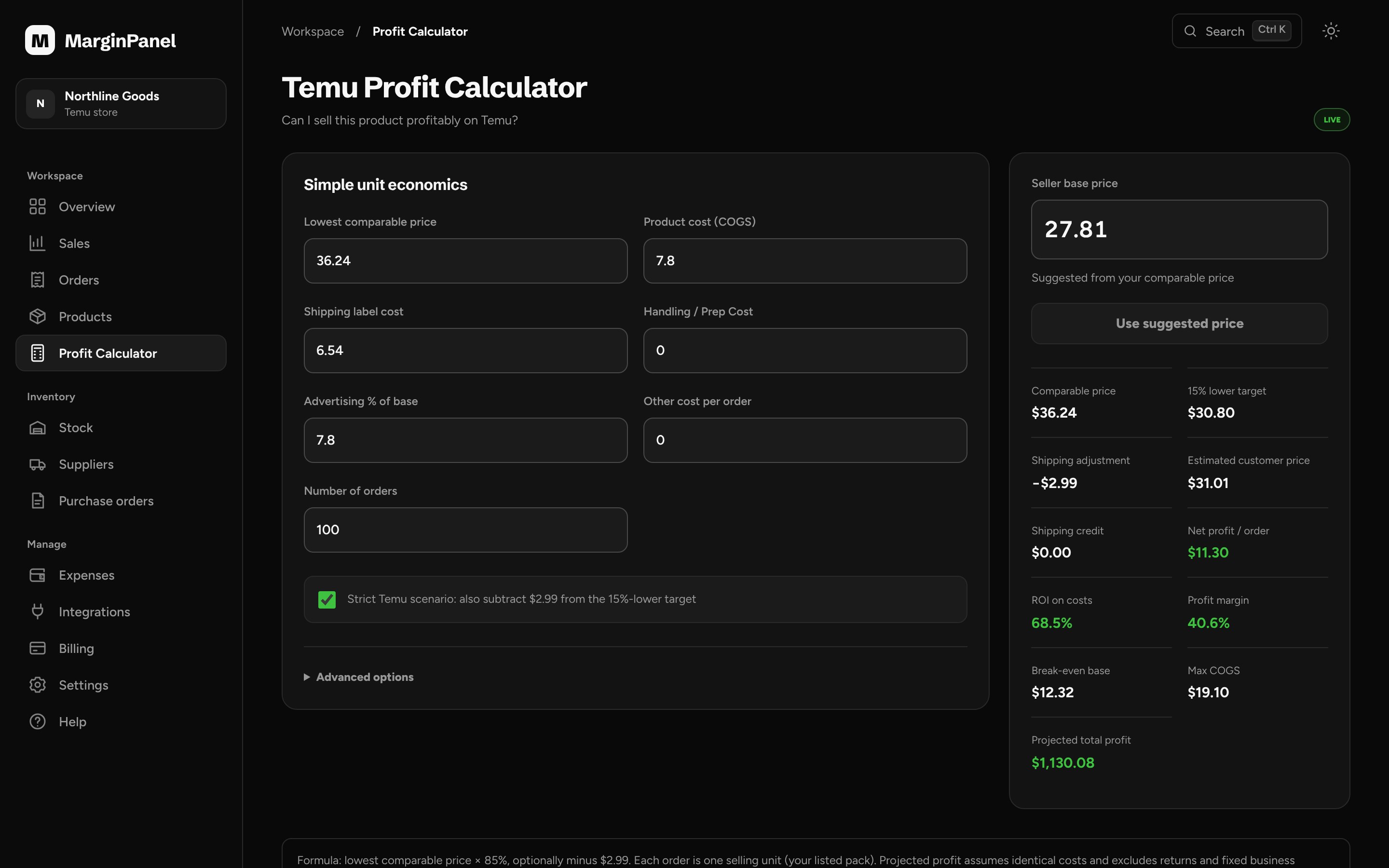 Temu profit calculator: comparable price, costs, suggested base price, profit per order, margin and maximum product cost